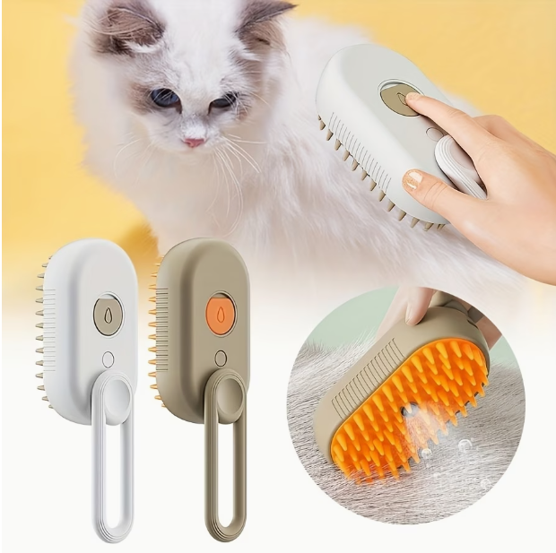 Grooming a cat with the steam brush