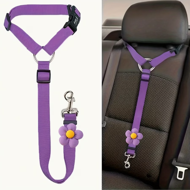 Adjustable Dog Car Seatbelt with flower charm — purple